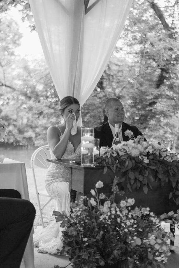 Bride wipes a tear using a handkerchief during wedding reception toasts