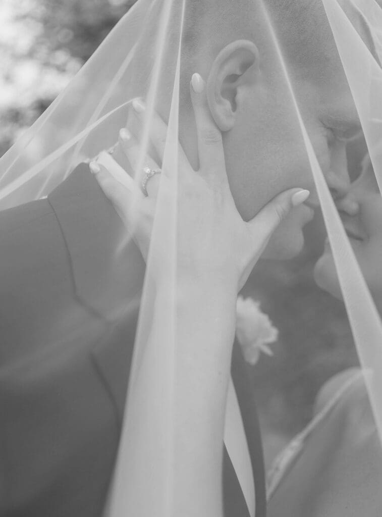 Bride and groom ready to kiss under the bride's veil on their wedding day