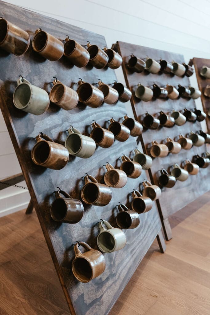Hand made ceramic mug wedding favor display