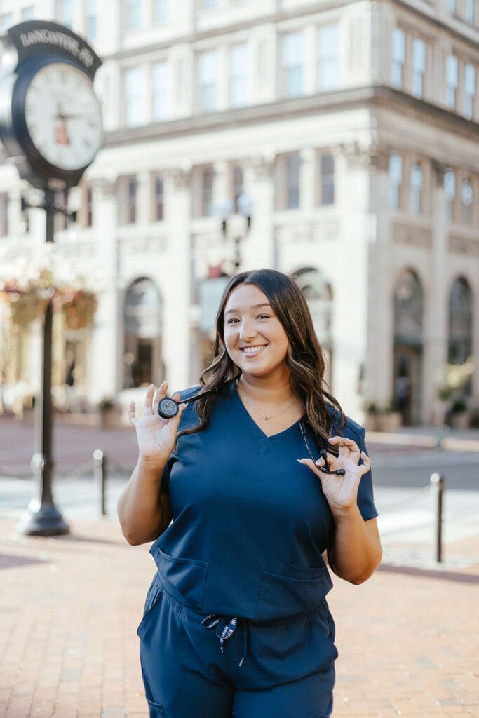 Nursing student graduation portrait in downtown Lancaster City, PA