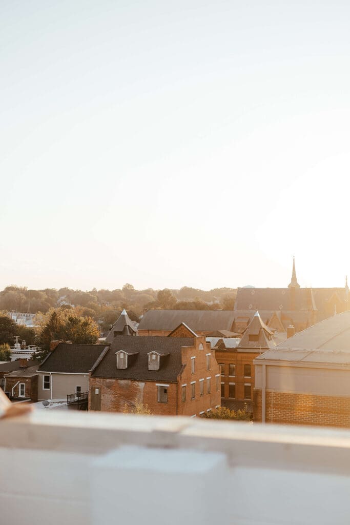 The rooftops of downtown Lancaster City during golden hour