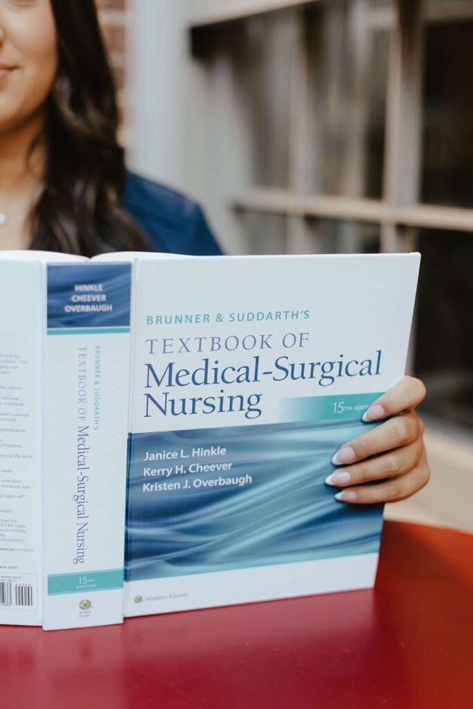 Detail shot of nursing textbook during a graduation photo session in Lancaster City